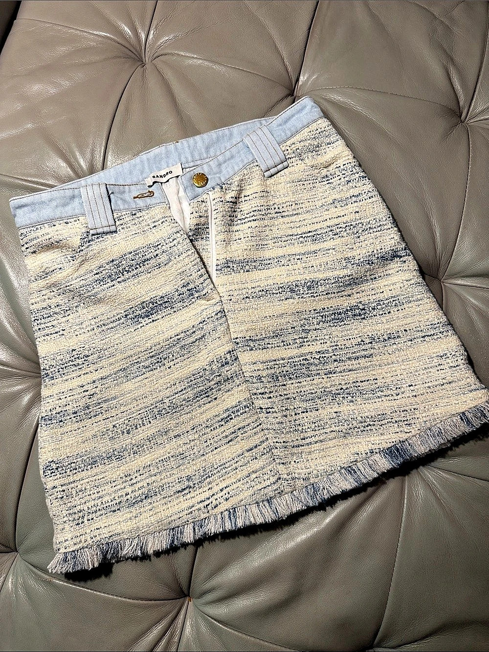 SANDRO Fringed Jean Skirt in Blue & Cream Like New